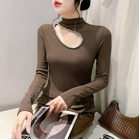 不规则烫钻拼接欧货上衣性感镂空立领T恤女长袖秋冬加厚打底衫ins商品大图