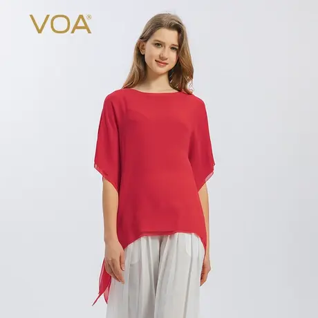 VOA乔其真丝正红色双层面料圆领短袖对丝工艺宽松清爽桑蚕丝T恤图片