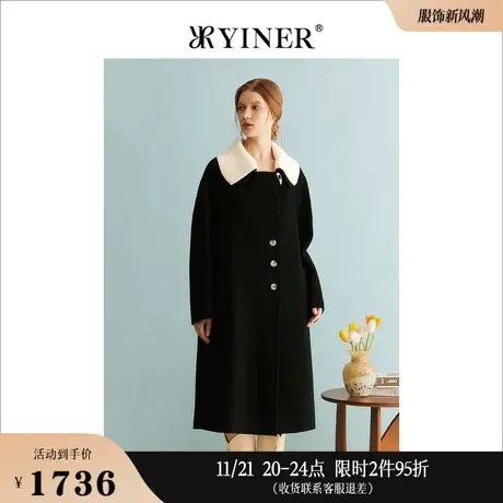 【100绵羊毛】YINER音儿专选女装冬季双面呢大衣撞色翻领长款外套商品大图