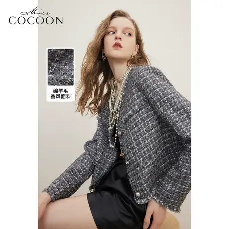 MISSCOCOON老钱风小香风2023冬装新款女垫肩设计金属扣短外套商品大图