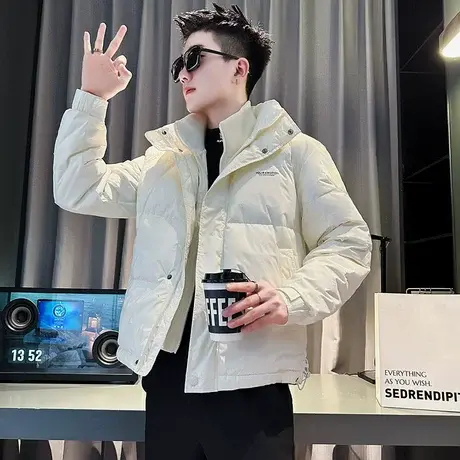 冬季羽绒服男重磅拼接假两件2023连帽个性痞帅保暖工装白鸭绒外套图片