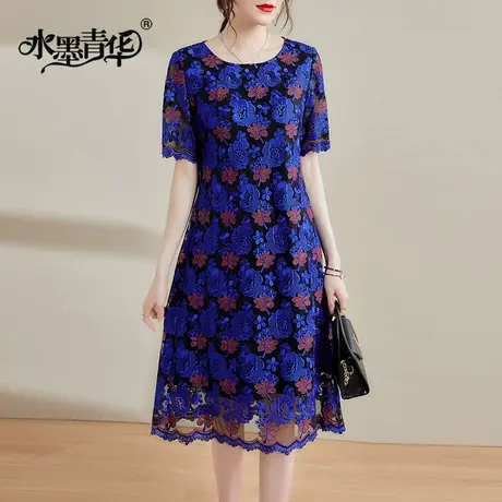 水墨青华女装新品时尚重工网纱绣花裙夏季百搭短袖连衣裙商品大图