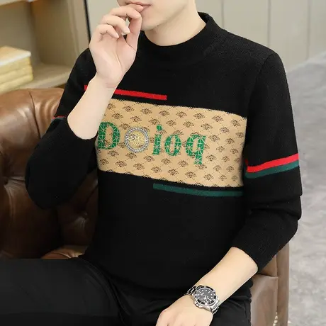 秋冬半高领毛衣男加厚水貂绒修身保暖线衣百搭潮牌条纹针织衫线衣商品大图