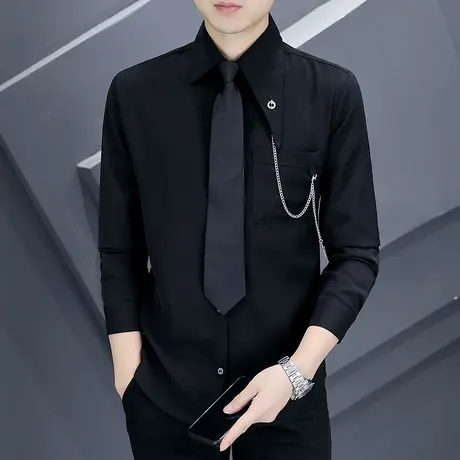 个性潮流长袖衬衫男士带口袋时尚演出服领带上衣秋季ins帅气衬衣商品大图