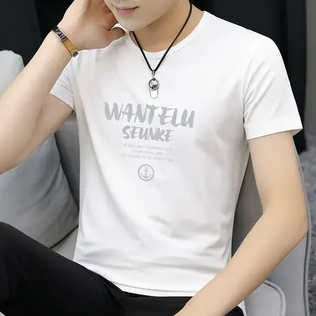 男士短袖t恤夏季莫代尔白色新款潮流潮牌衣服圆领打底衫半袖男生商品大图