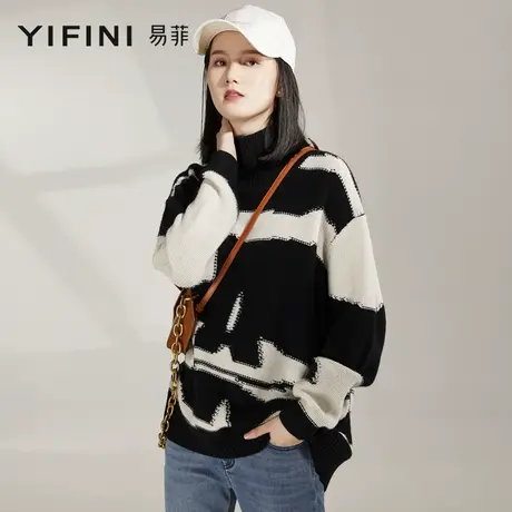 Yifini/易菲撞色慵懒风宽松毛衫100%绵羊毛高领毛衣秋冬新款女图片
