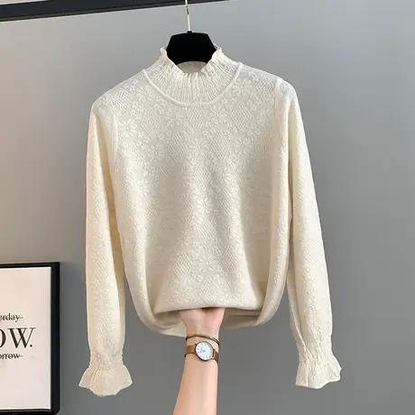 半高领木耳边钩花针织打底衫女冬季新款法式小众洋气内搭韩式毛衣商品大图