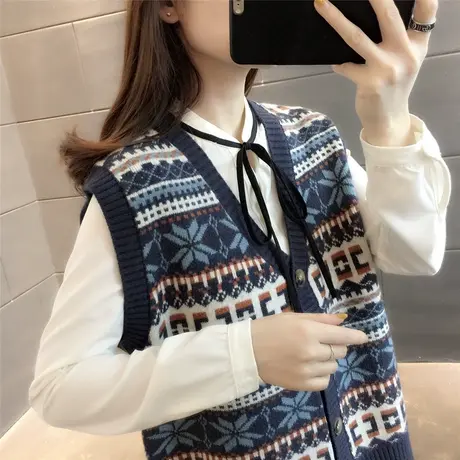 春季V领单排扣针织开衫马甲女 宽松文艺百搭毛衣无袖外套马夹背心图片
