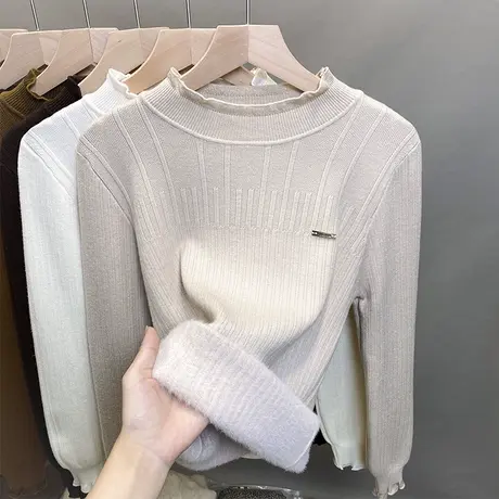 加绒半高领毛衣女一体绒加厚打底衫2023秋冬新款针织衫内搭上衣潮图片