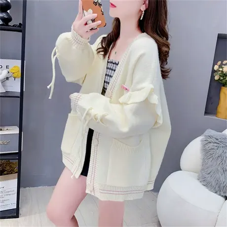 设计感木耳边V领毛衣开衫女秋冬2023新款宽松慵懒风甜美针织外套商品大图