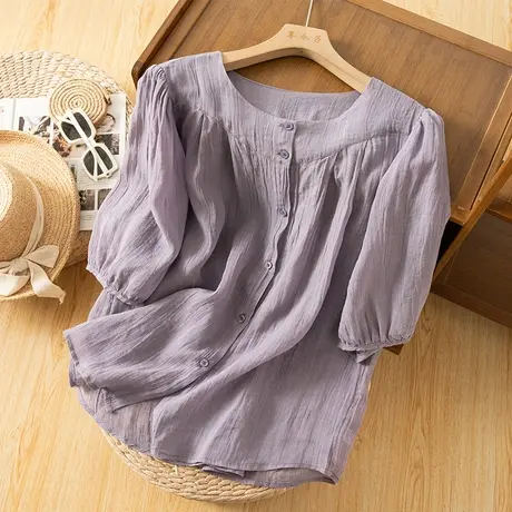 享永子中袖苎麻衬衫女文艺复古宽松棉麻小衫百搭休闲2024夏季新款商品大图