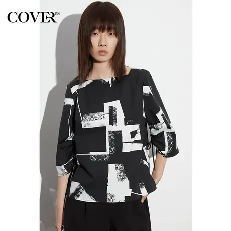 COVER夏季几何花型一字领棉质衬衫商品大图