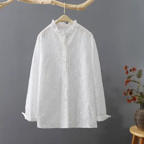 花边刺绣打底衫女2024年春季新款白衬衫长袖文艺纯色上衣衬衣潮商品大图