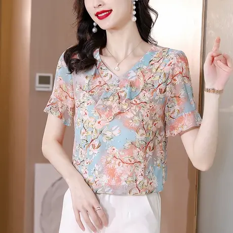 2023夏季新款时尚女装衬衫套头雪纺衫女宽松印花上衣v领短袖小衫图片