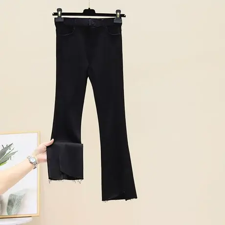 春夏新款黑色开叉牛仔裤打底裤女弹力时尚高腰显瘦微喇开衩九分裤商品大图