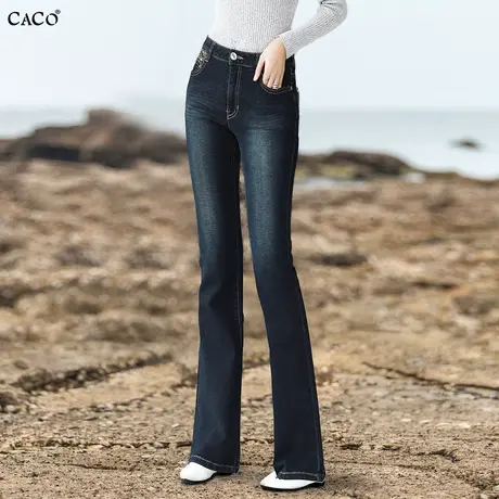 微喇牛仔裤女纯棉CACO特卖修身显瘦豹纹复古时尚中腰加长喇叭裤商品大图
