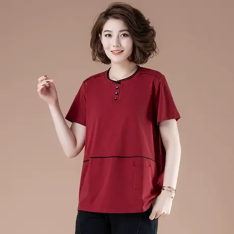 夏季加肥加大码女装宽松纯棉圆领体恤衫中年妈妈显瘦休闲短袖T恤商品大图