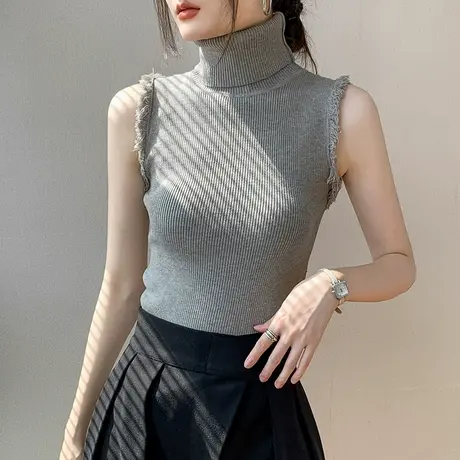 韩版高领无袖针织衫女2023秋冬新款酷飒风西装内搭辣妹修身打底衫商品大图