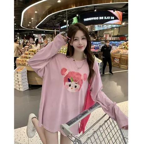 俏皮可爱女孩印花长袖T恤女夏季20203新款中长款宽松粉色春秋上衣商品大图