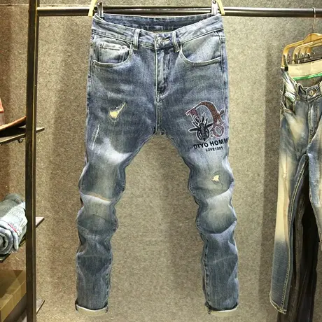 2024春季新款男士高端欧货牛仔裤潮牌烫钻小脚裤时尚休闲破洞长裤商品大图