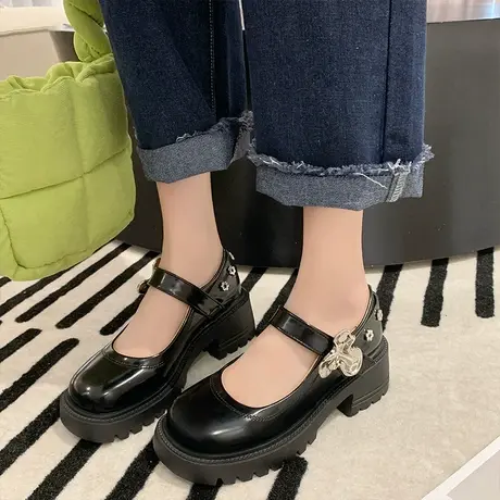 玛丽珍小皮鞋女2024春季新款英伦学院风韩版复古粗跟厚底单鞋薄款商品大图