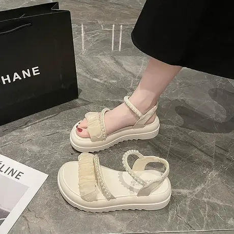 凉鞋女款夏季2024年新款配裙子珍珠松紧带厚底百搭外穿仙女风鞋子商品大图