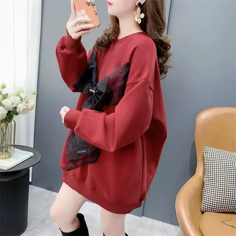 本命年红色加绒加厚圆领卫衣女秋冬新款宽松设计感蝴蝶结外套上衣图片