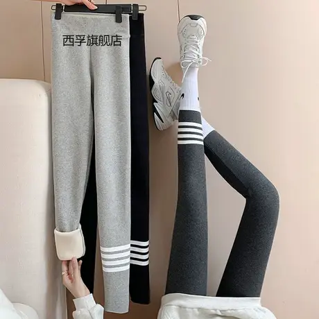 秋季打底裤女裤小脚裤弹力外穿加绒厚冬季螺纹磨毛竖条纹显瘦棉裤商品大图