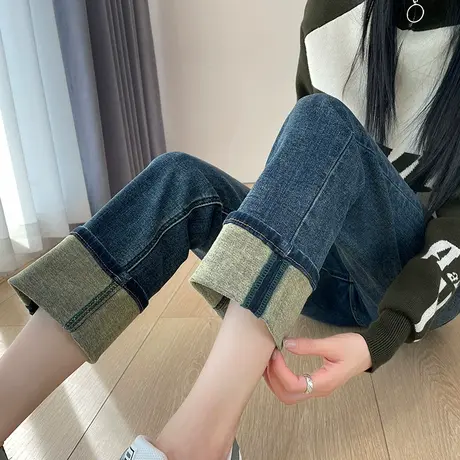 卷边加绒烟管牛仔裤女2024新款春秋高腰直筒宽松八分小个子法棍裤商品大图