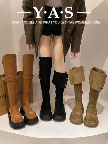 时尚爆款复古西部靴女冬加绒过膝长靴棕色长筒靴雪地靴骑士靴子潮图片