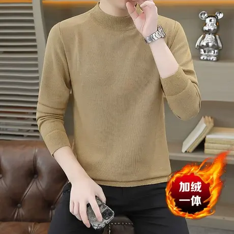 一体绒半高领毛衣男加绒加厚纯色针织打底衫秋冬季保暖中领毛线衣商品大图