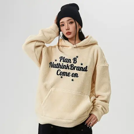 Nuthink美式潮牌刺绣字母加绒摇粒绒卫衣男宽松冬季保暖情侣外套商品大图
