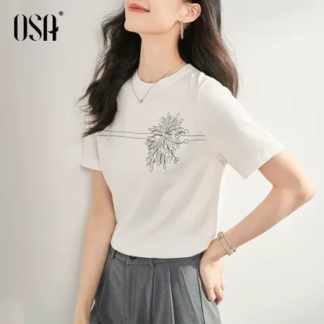OSA欧莎白色短袖T恤针织衫女夏季2023年新款轻薄透气简约显瘦上衣图片