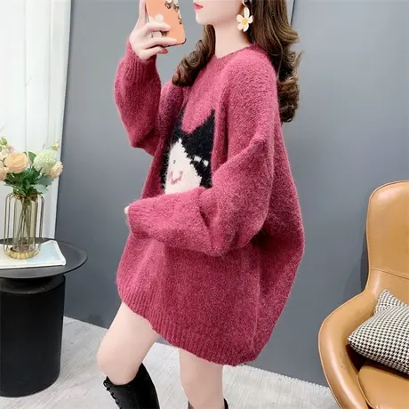 慵懒风卡通猫咪加厚圆领毛衣女秋冬2023年新款宽松减龄针织衫上衣商品大图