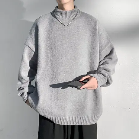 秋冬新款针织打底衫半高领毛衣男士冬季内搭毛线衣灰色外套潮牌流商品大图