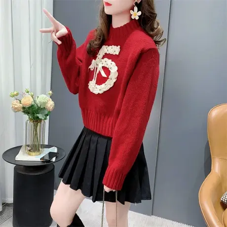 法式复古高腰短款小个子红色圆领毛衣女外穿秋冬新款洋气减龄上衣商品大图