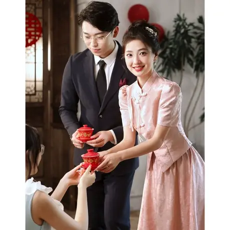 中式敬酒服2024新款新娘回门服粉色裙子订婚礼服女旗袍秀禾服嫁衣商品大图
