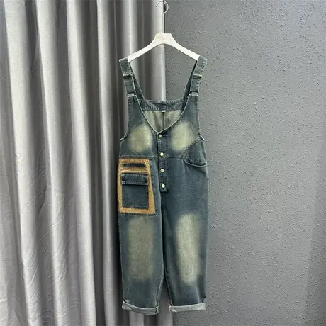 欧货撞色口袋牛仔背带裤女2024春季新款复古时髦单排扣设计感长裤图片