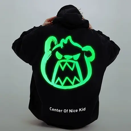 欧美潮牌夜光小熊卫衣男潮BF风潮流ins大码oversize加绒帽衫外套商品大图