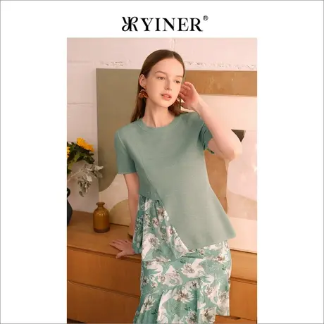 YINER音儿女装夏季莱赛尔针织衫含桑蚕丝拼接上衣商品大图