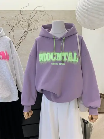 字母印花连帽卫衣女春秋季新款美式复古宽松显瘦百搭套头薄款上衣图片