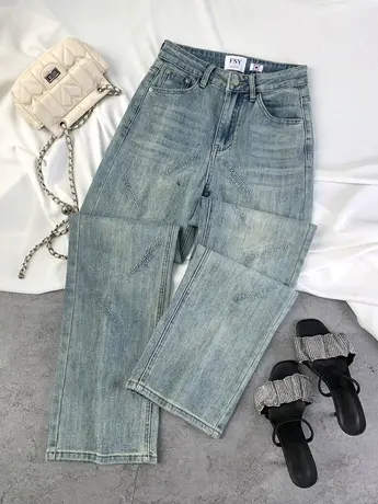 水洗磨白东大门牛仔直筒裤女2024春季新款显瘦百搭高腰弹力窄脚裤图片