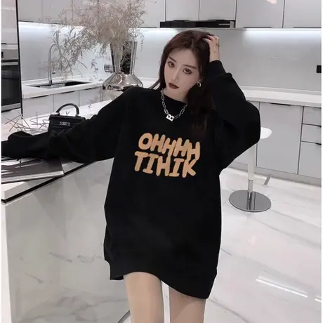 黑色气质圆领卫衣女2024新款秋冬加绒加厚大码女宽松爆款中长外套商品大图