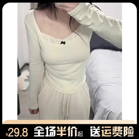 纯欲风蕾丝拼接长袖t恤女2024新款春秋冬内搭修身甜辣上衣打底衫商品大图