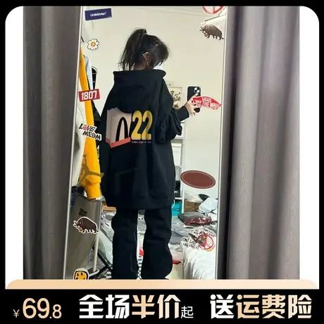 oversize连帽重磅印花银狐绒卫衣女秋冬加绒加厚宽松黑色外套潮牌商品大图