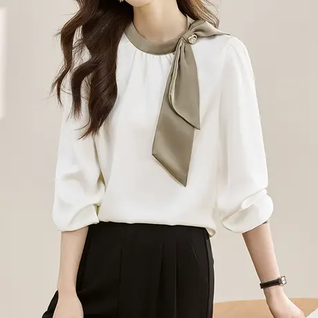 韩潮袭人法式圆领蝴蝶结衬衫拼色百搭设计感缎面上衣女商品大图