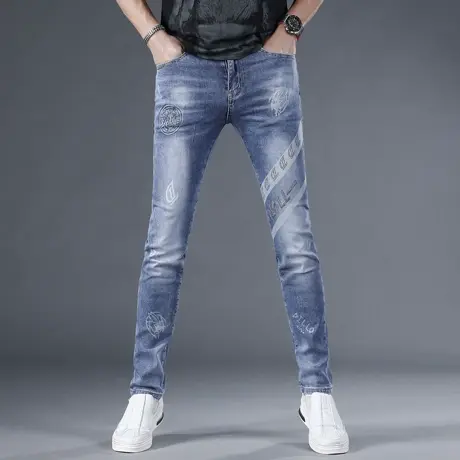 欧洲站高端潮牌烫钻牛仔裤男春季印花韩版蓝色弹力休闲修身小脚裤商品大图