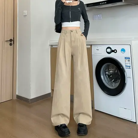 杏色直筒牛仔裤女2024年新款春秋冬季高腰显瘦宽松阔腿爆款裤子潮商品大图