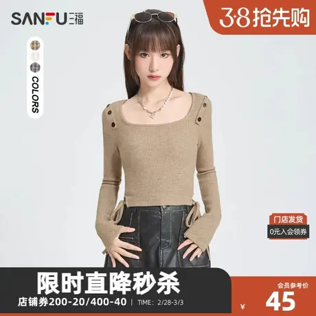 三福长T恤2023冬纽扣拼接袖绑带下摆短款修身毛衣女装476547商品大图