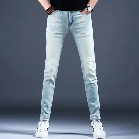 夏季浅色弹力牛仔裤男2024新款美式裤子潮牌男士小脚修身休闲长裤商品大图